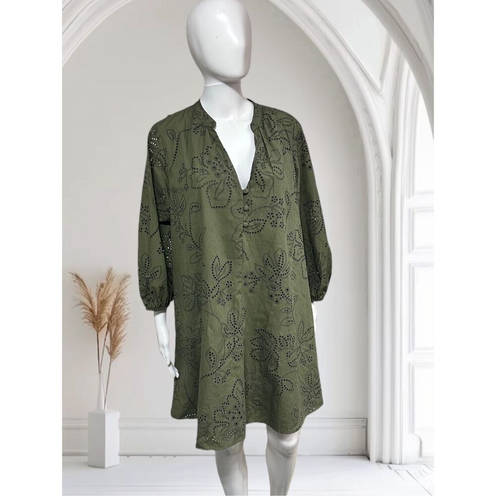 Zara Olive Green Long Balloon Sleeves Eyelet Trapeze Mini Dress